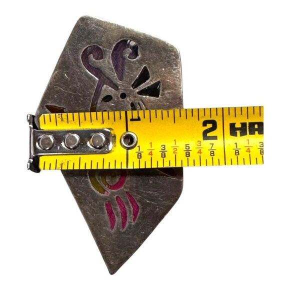 1970 Signed Dominguez Mexican Taxco Sterling Inlaid Feather Resin Brooch Pendant - Picture 5 of 6